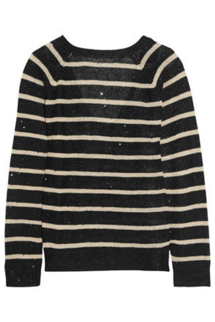 Brunello Cucinelli - Sequin-embellished Striped Open-knit Linen And Silk-blend Sweater - Black
