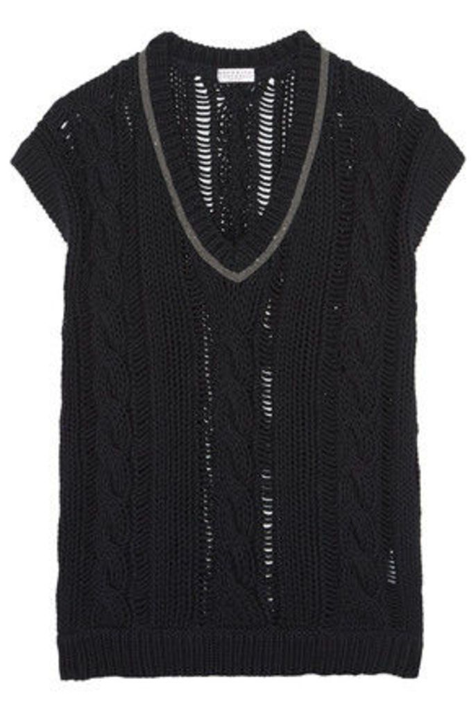Brunello Cucinelli - Bead-embellished Open-knit Cotton-blend Sweater - Charcoal
