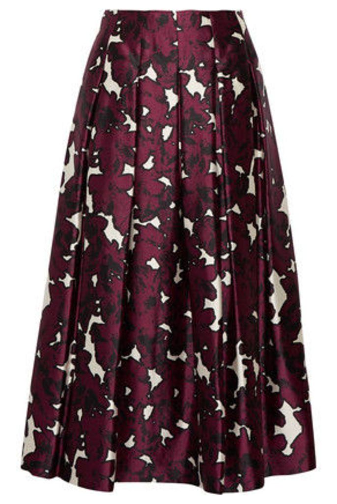 Oscar de la Renta - Floral-print Pleated Silk-satin Skirt - Claret
