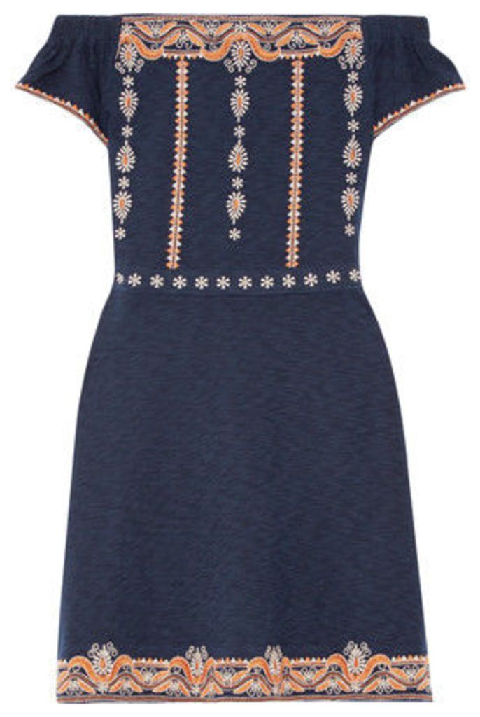 Tory Burch - Nell Off-the-shoulder Embroidered Cotton Mini Dress - Navy