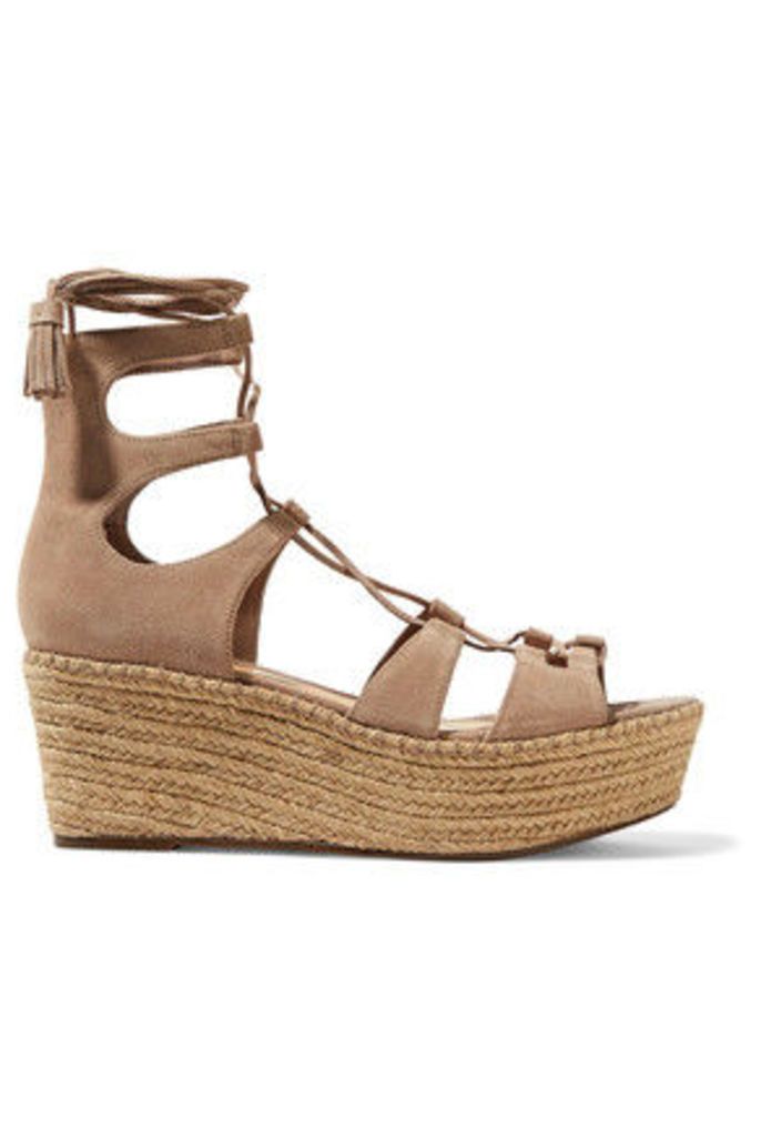 Schutz - Hudson Lace-up Suede Wedge Sandals - Taupe