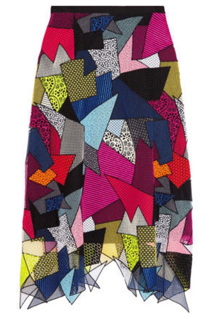 Christopher Kane - Paneled Embroidered Mesh And Crochet-knit Skirt - Fuchsia