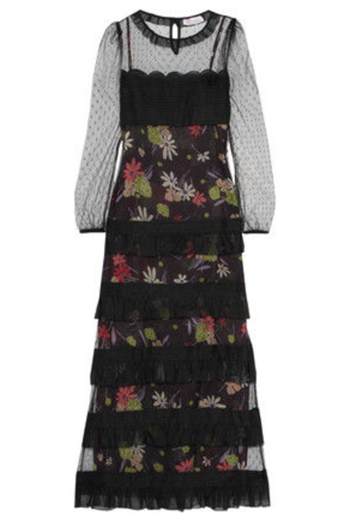 REDValentino - Swiss-dot Tulle-paneled Tiered Printed Chiffon Maxi Dress - Multi