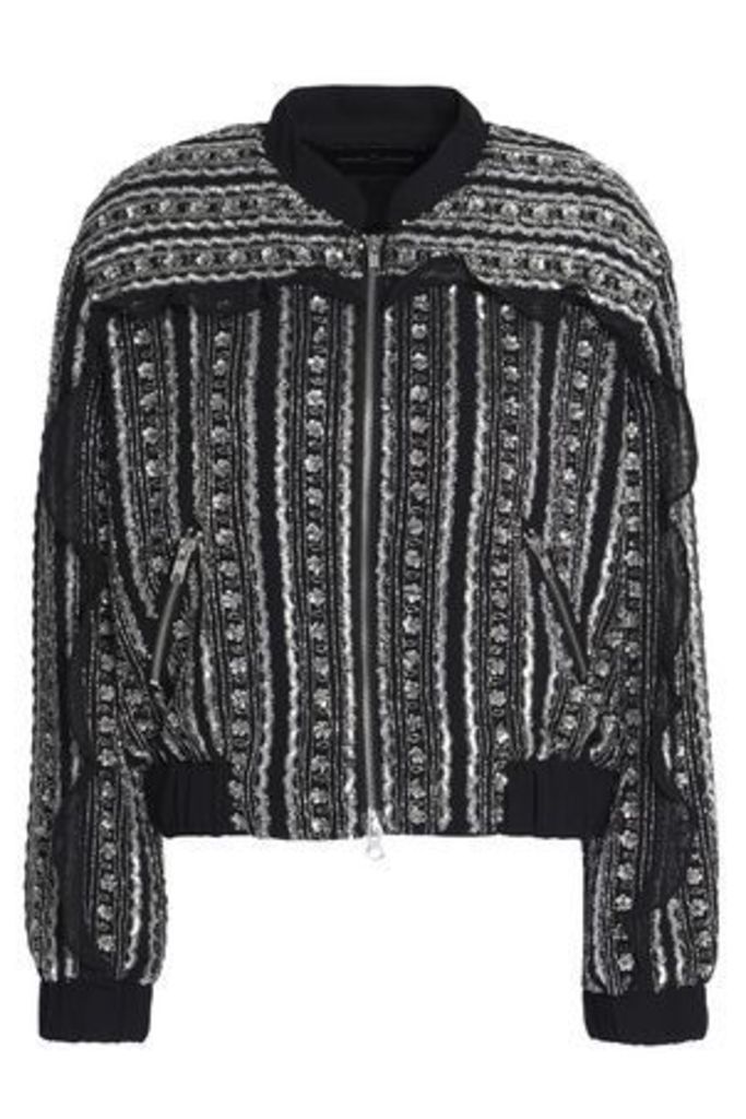 Needle & Thread Woman Ruffle-trimmed Embellished Chiffon Bomber Jacket Black Size 12