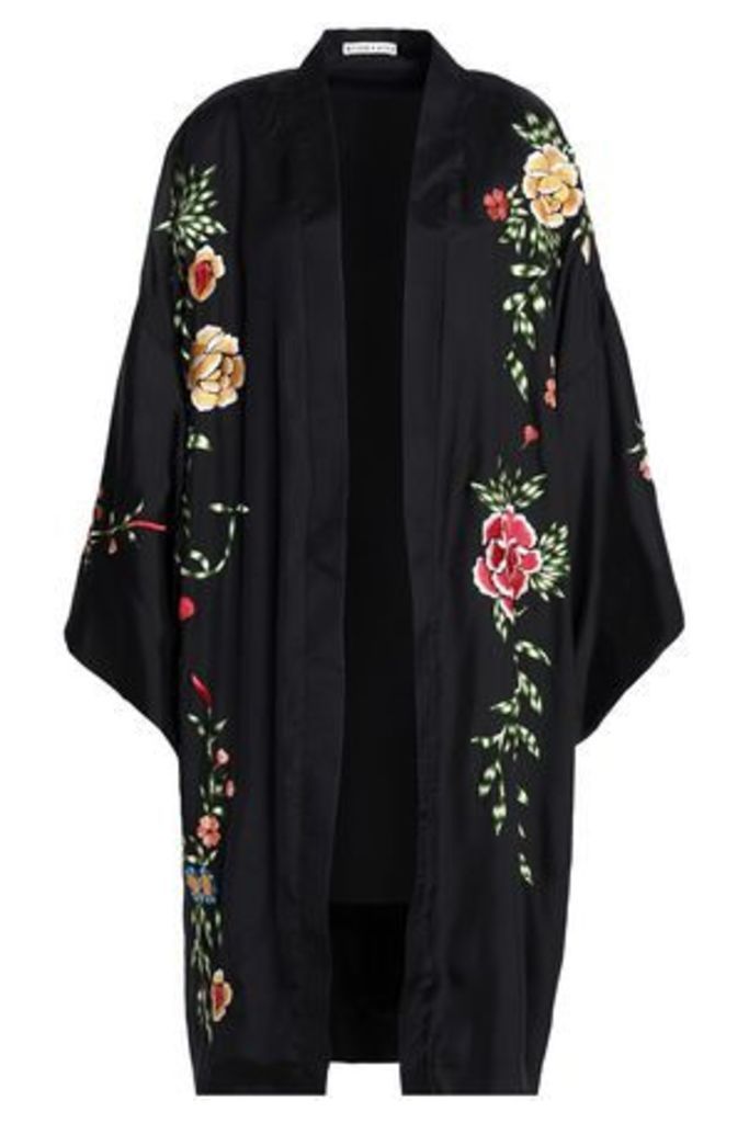 Alice + Olivia Woman Embroidered Satin-crepe Kimono Black Size M/L