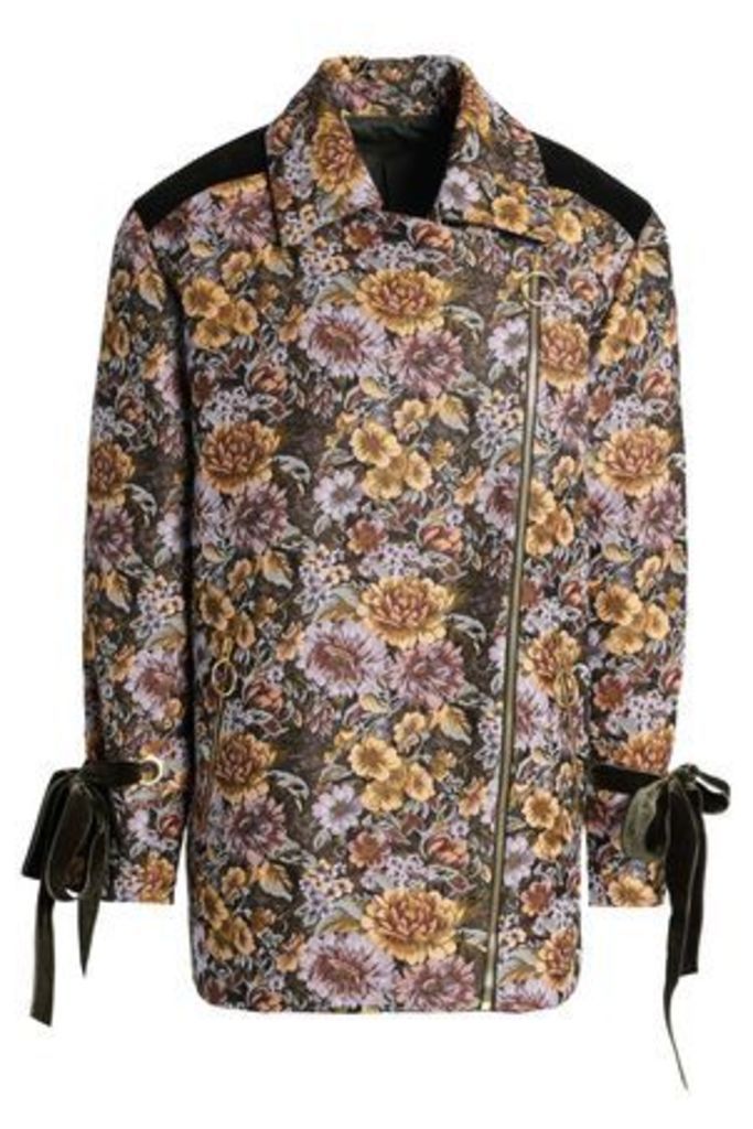 Mother Of Pearl Woman Velvet-trimmed Floral-design Double-breasted Jacquard Jacket Mustard Size S