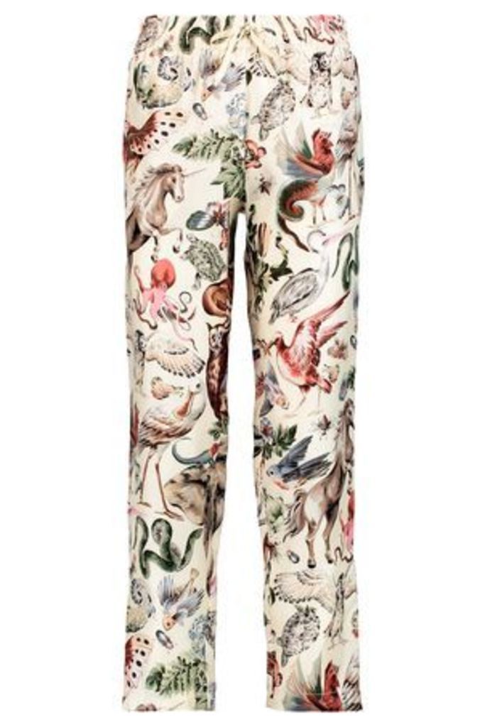 Valentino Woman Cropped Printed Silk-twill Relaxed-leg Pants Ecru Size M