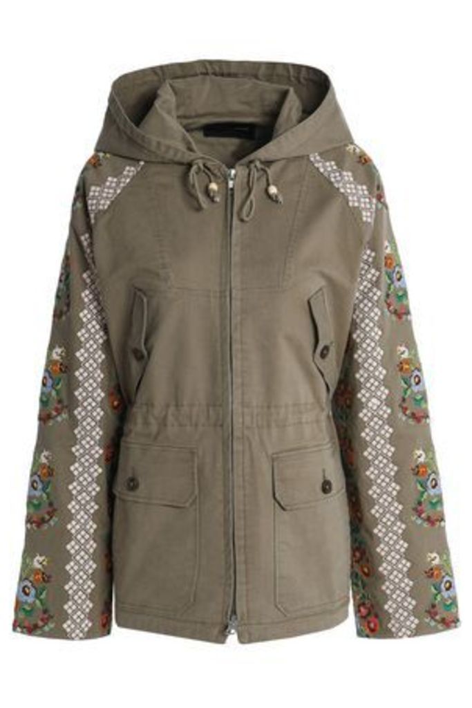 Needle & Thread Woman Embroidered Cotton-blend Twill Hooded Jacket Army Green Size 16
