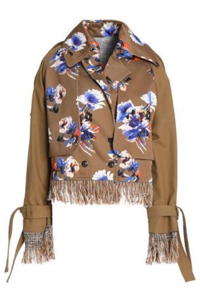 Msgm Woman Frayed Tweed-trimmed Floral-print Cotton-gabardine Jacket Light Brown Size 40
