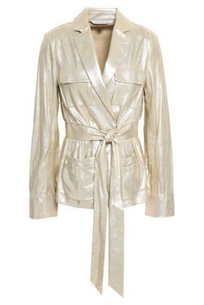 Diane Von Furstenberg Woman Hilda Metallic Leather Jacket Gold Size 4