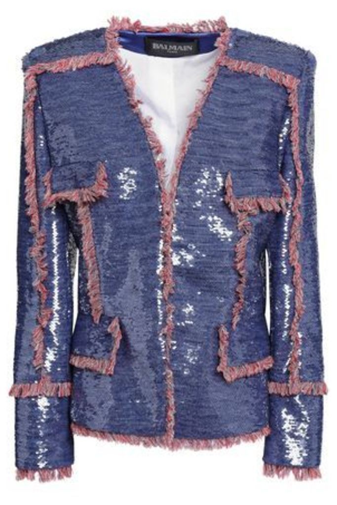 Balmain Woman Fringed Sequin-embellished Woven Jacket Indigo Size 40