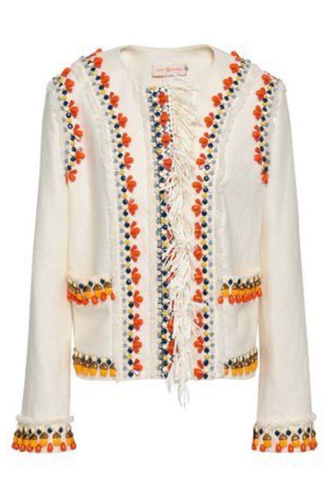 Tory Burch Woman Embellished Linen Jacket Ivory Size 6