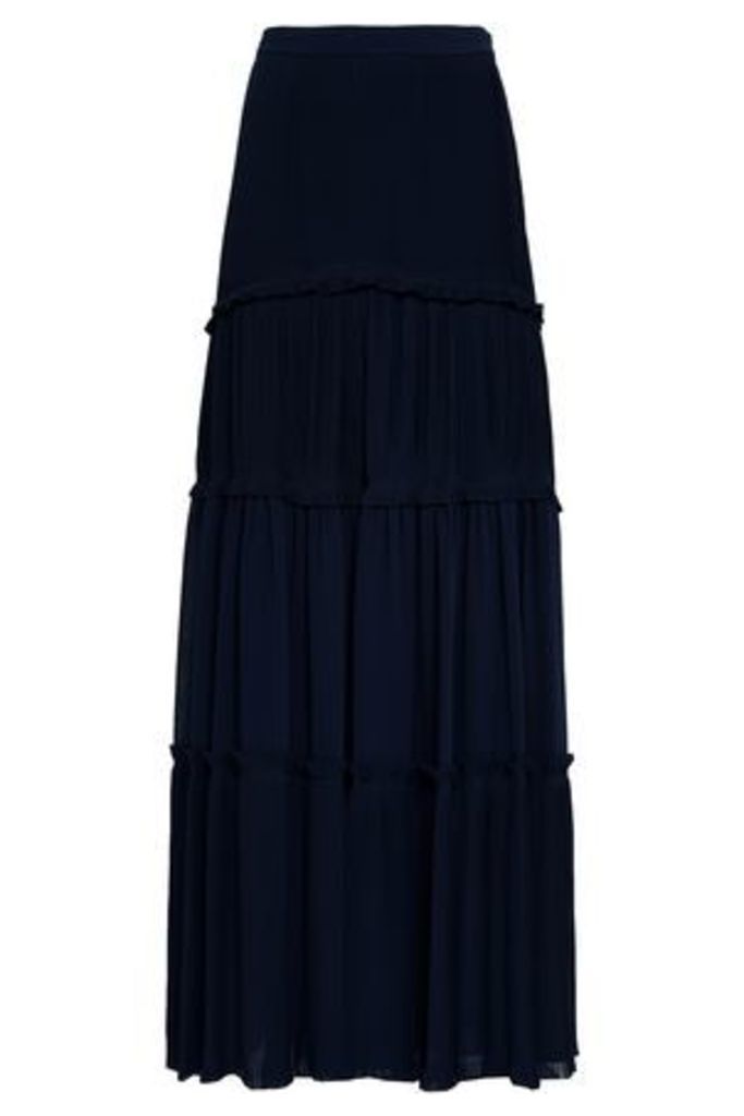 Tory Burch Woman Tiered Pleated Crepe Maxi Skirt Midnight Blue Size 4