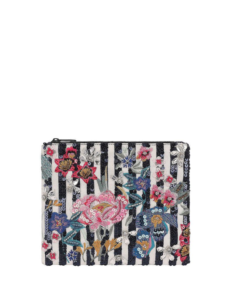 Peony Stripe Embellished Zip Top Pouch