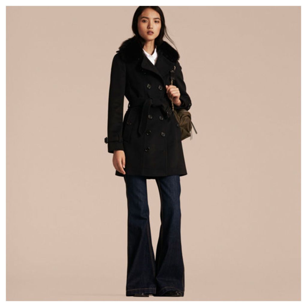 Wool Cashmere Trench Coat with Fur Collar