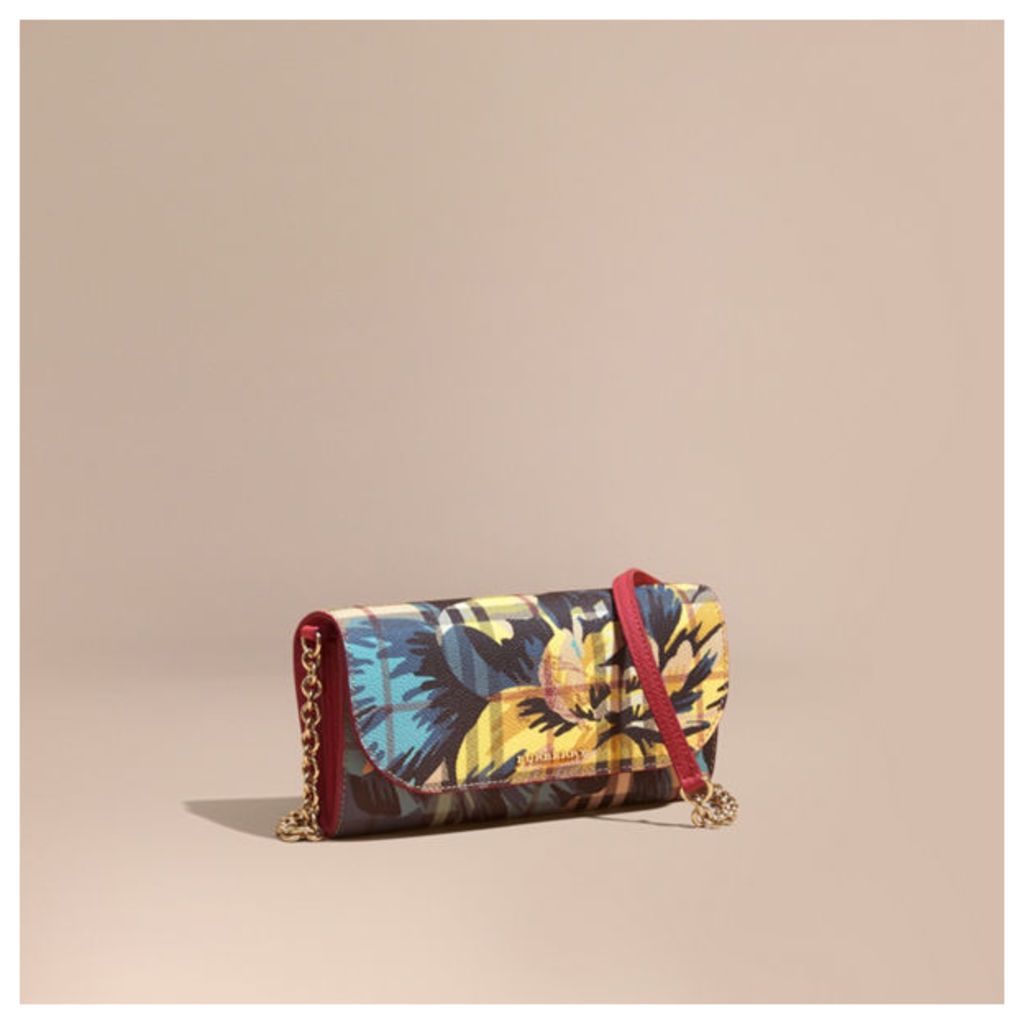 Peony Rose Print Haymarket Check Wallet with Chain