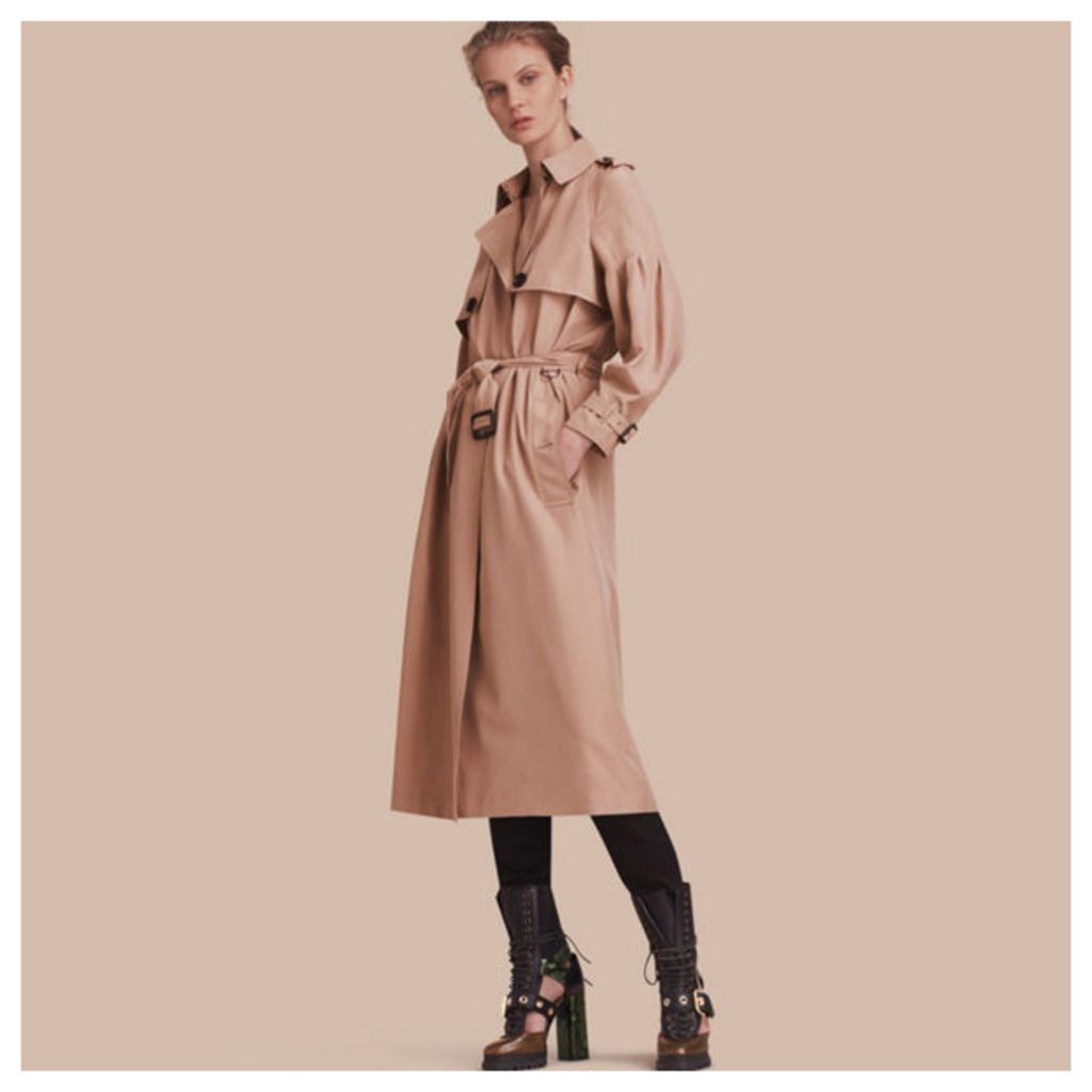 Oversize Silk Trench Coat with Puff Sleeves