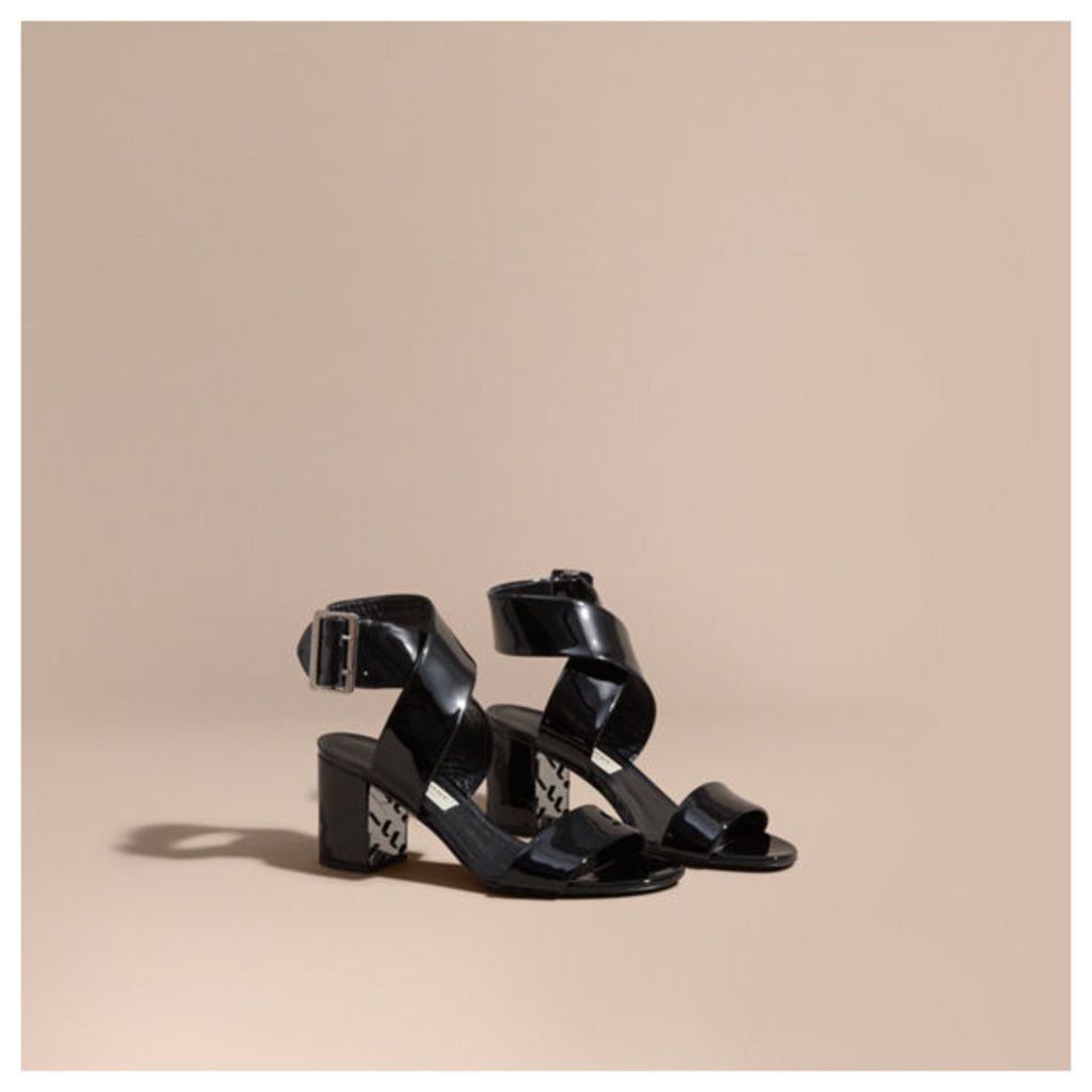 Patent Leather Sandals with Buckle and Check Detail