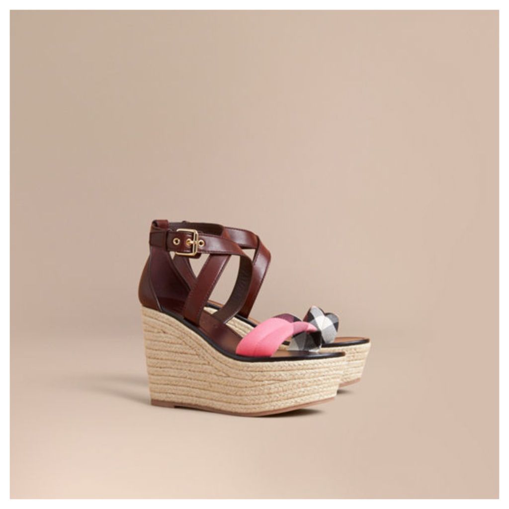 Leather and House Check Platform Espadrille Wedge Sandals