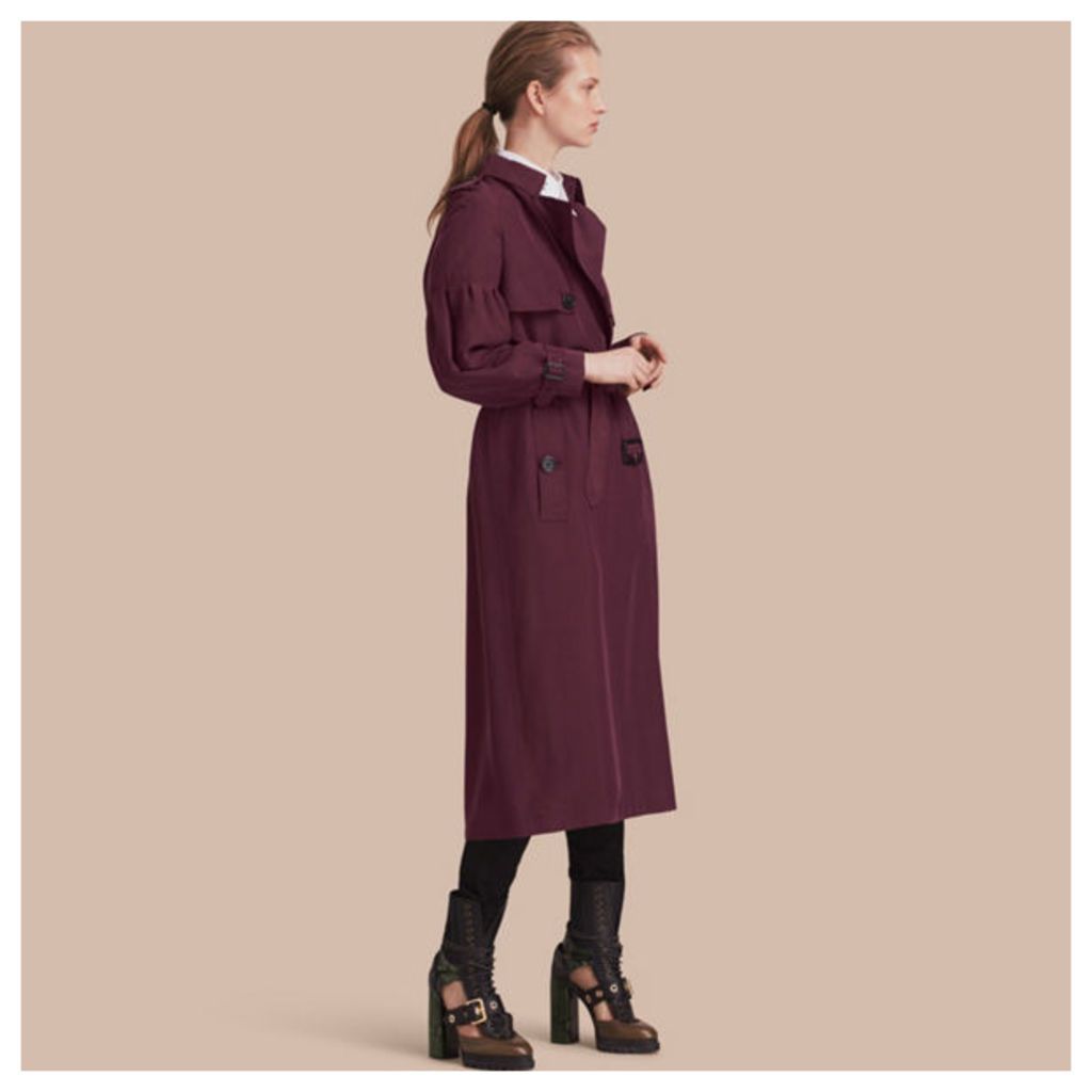 Oversize Silk Trench Coat with Puff Sleeves