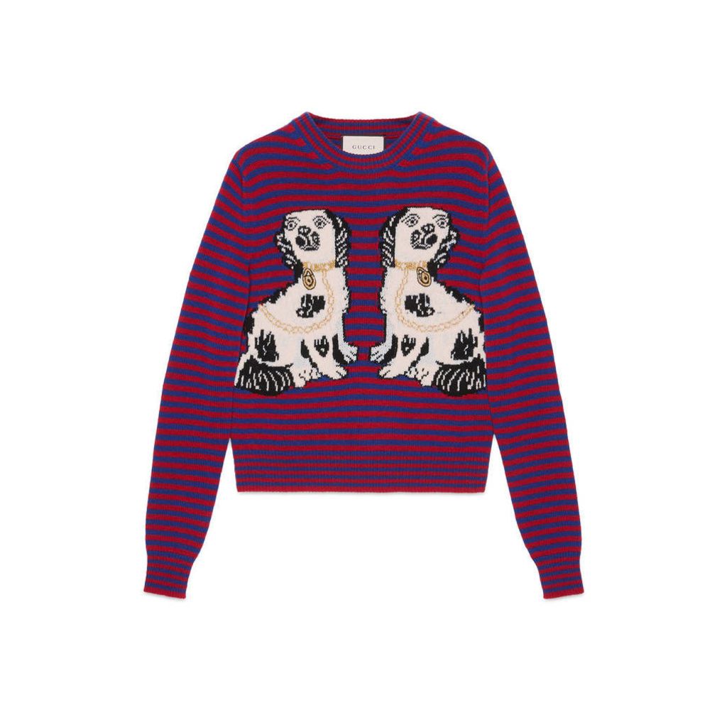 Striped wool top with dogs intarsia