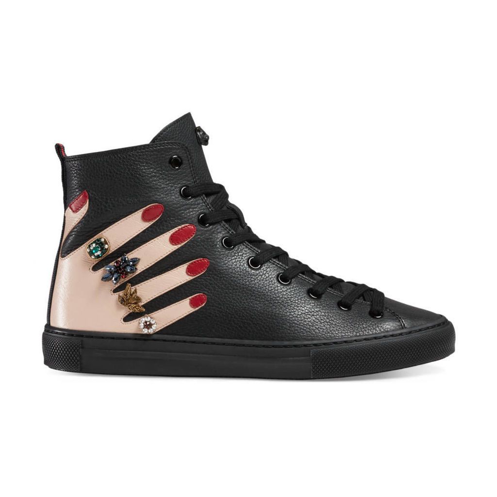 Embroidered leather high-top sneaker