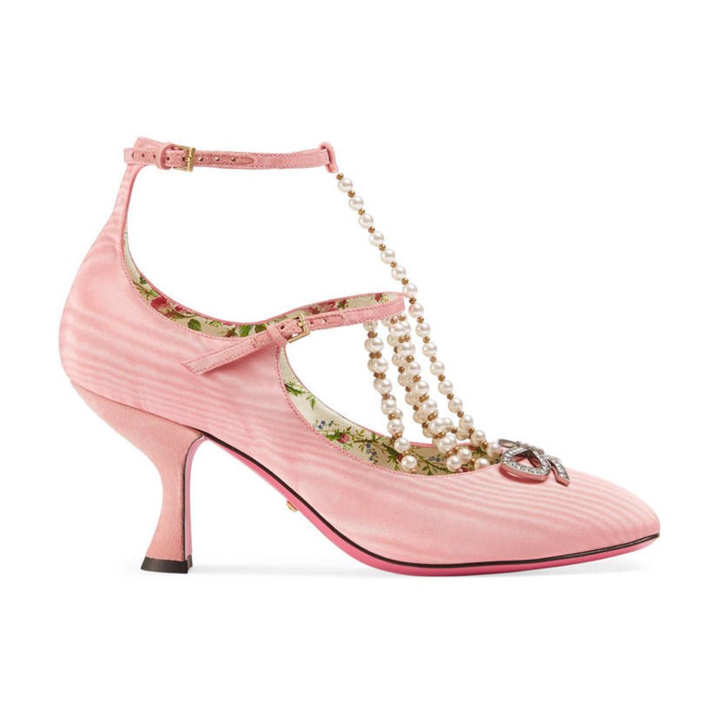 T-strap moirÃ© pump with pearls
