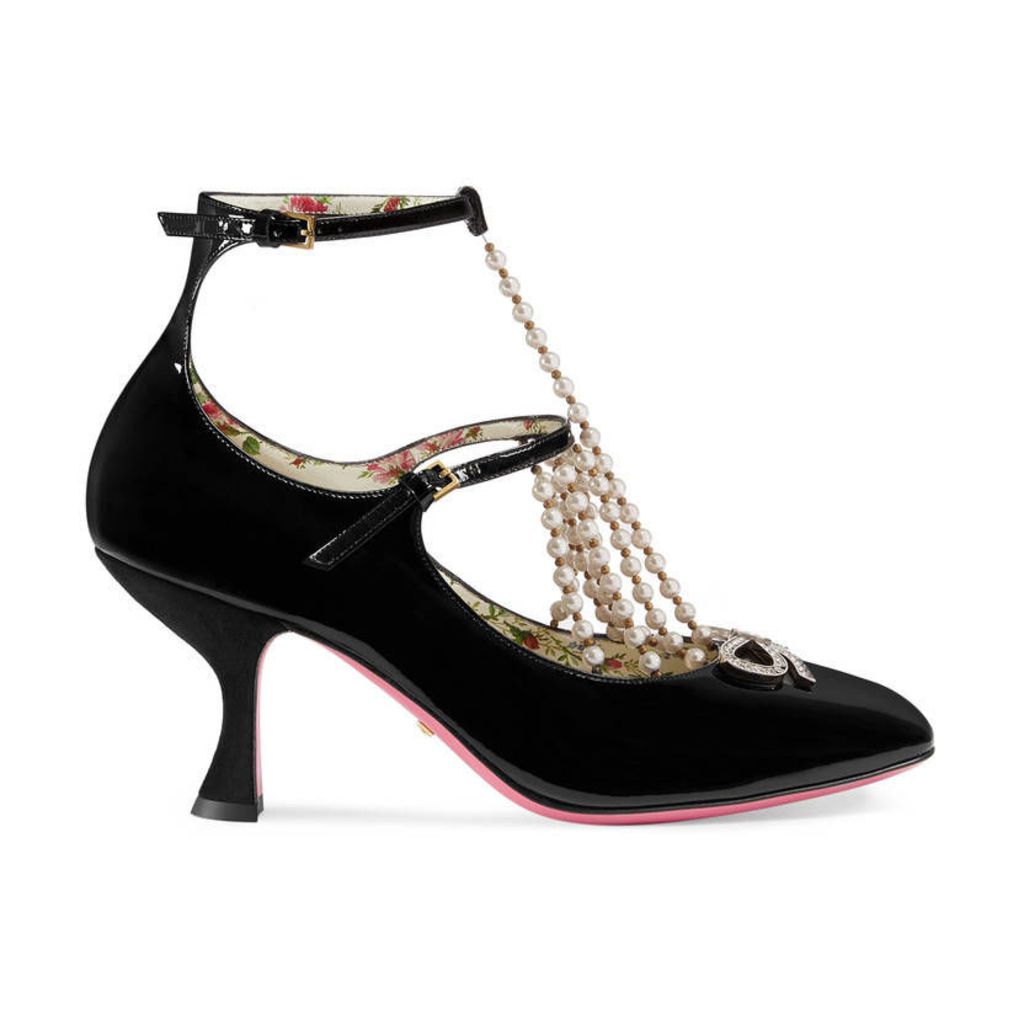 T-strap leather pump with pearls