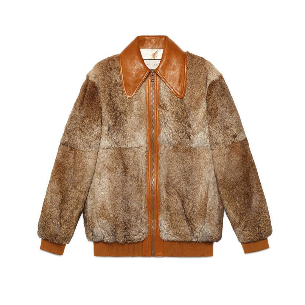 Fur bomber with wolf intarsia