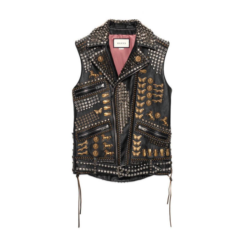 Studded leather vest with embroidery