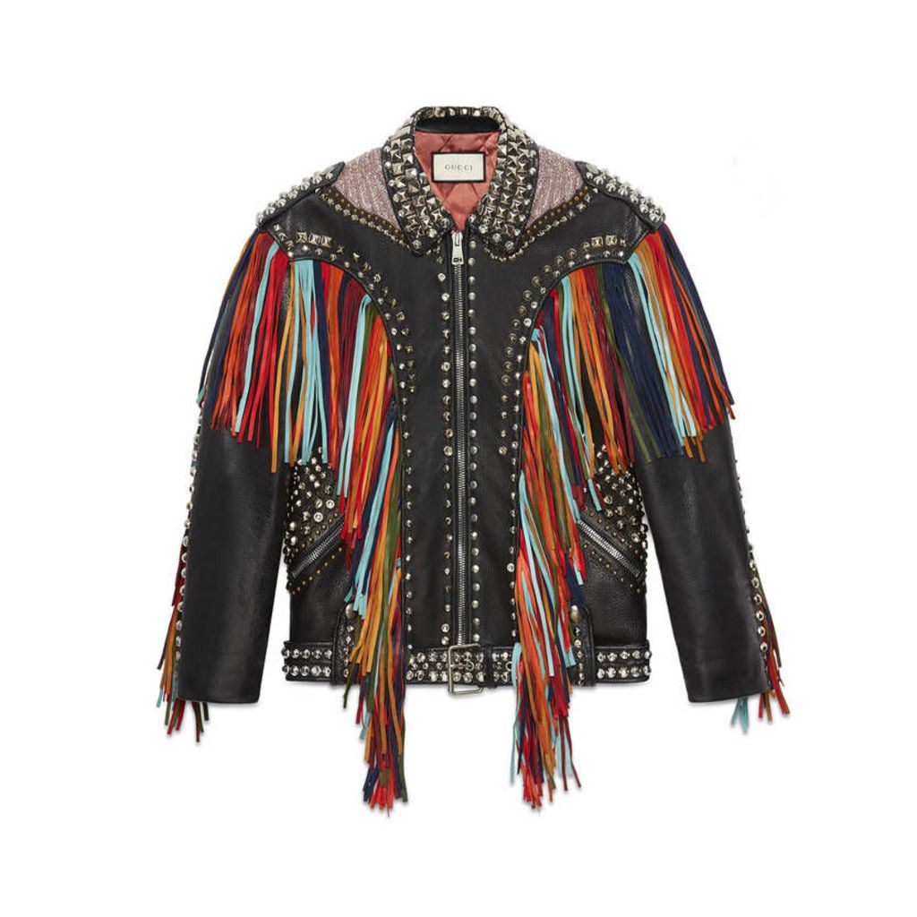 Embroidered leather jacket with fringe