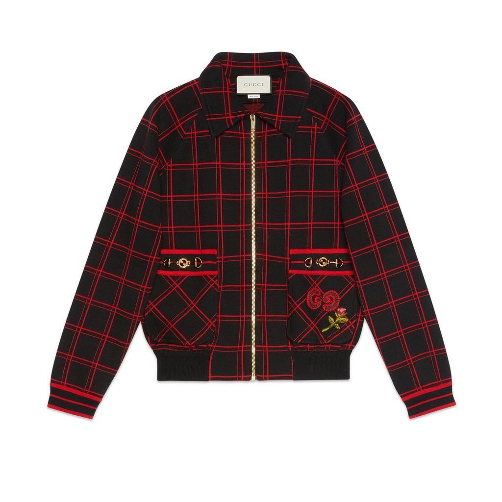 Check wool bomber with patches