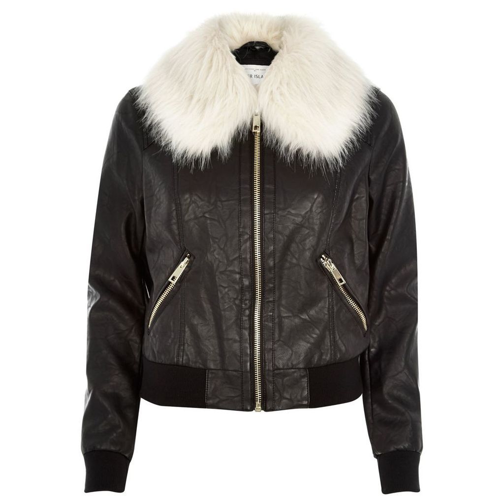 River Island Womens Black leather-look bomber jacket
