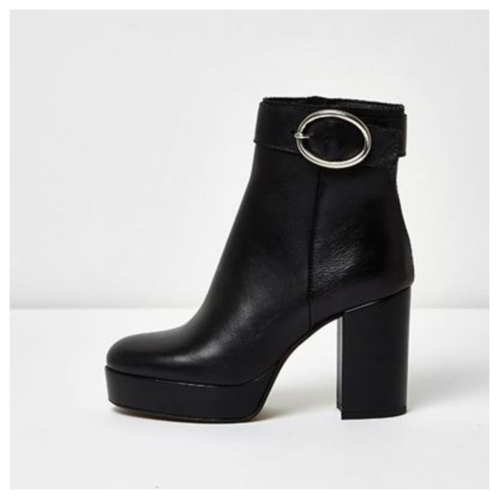 River Island Womens Black leather buckle platform heel boots