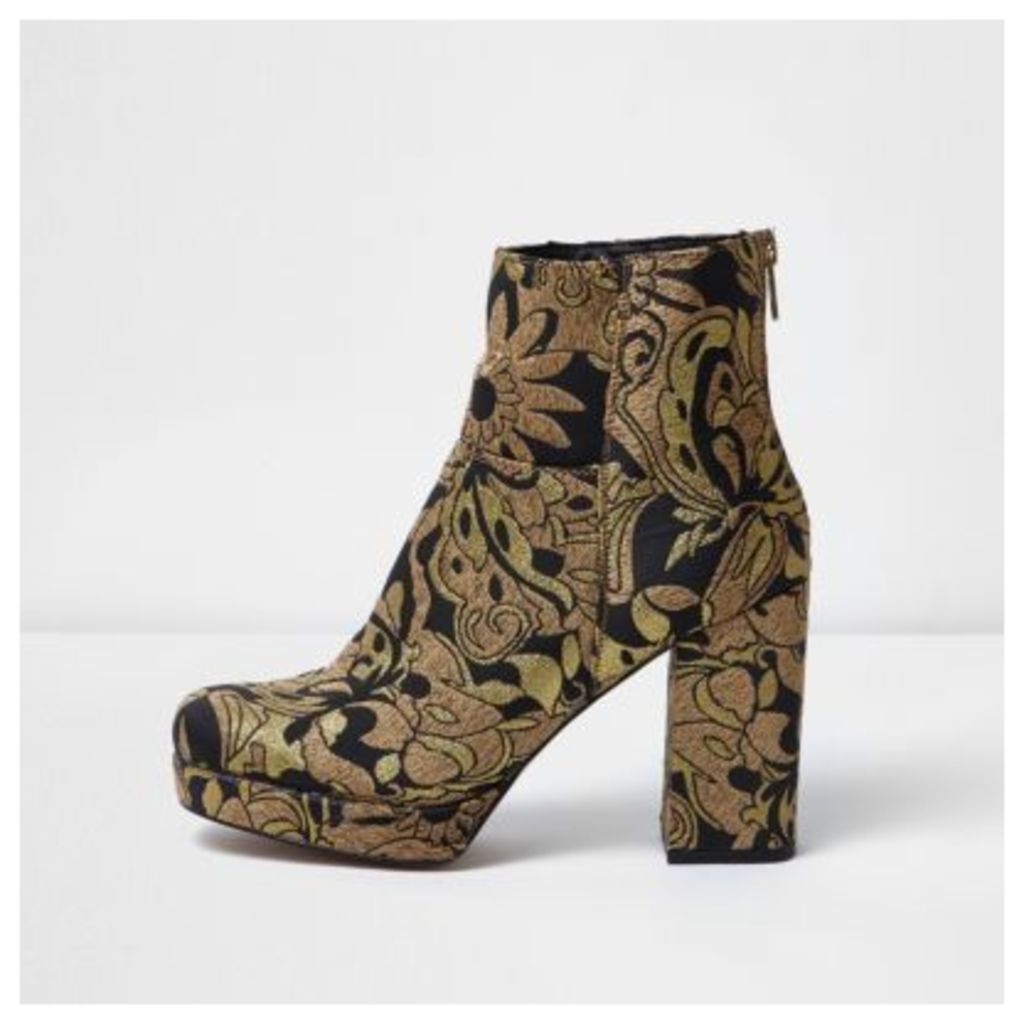 River Island Womens Gold embroidered platform boots