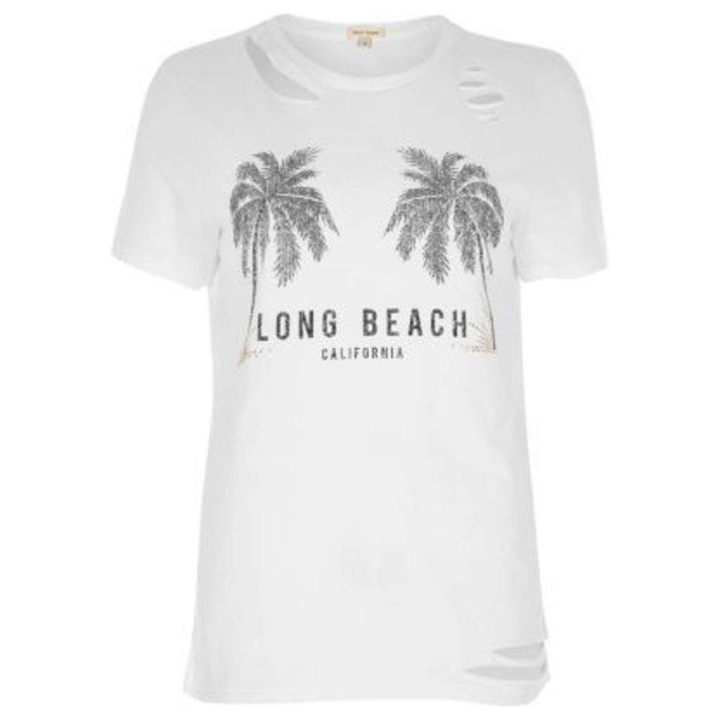 River Island Womens White beach print distressed T-shirt