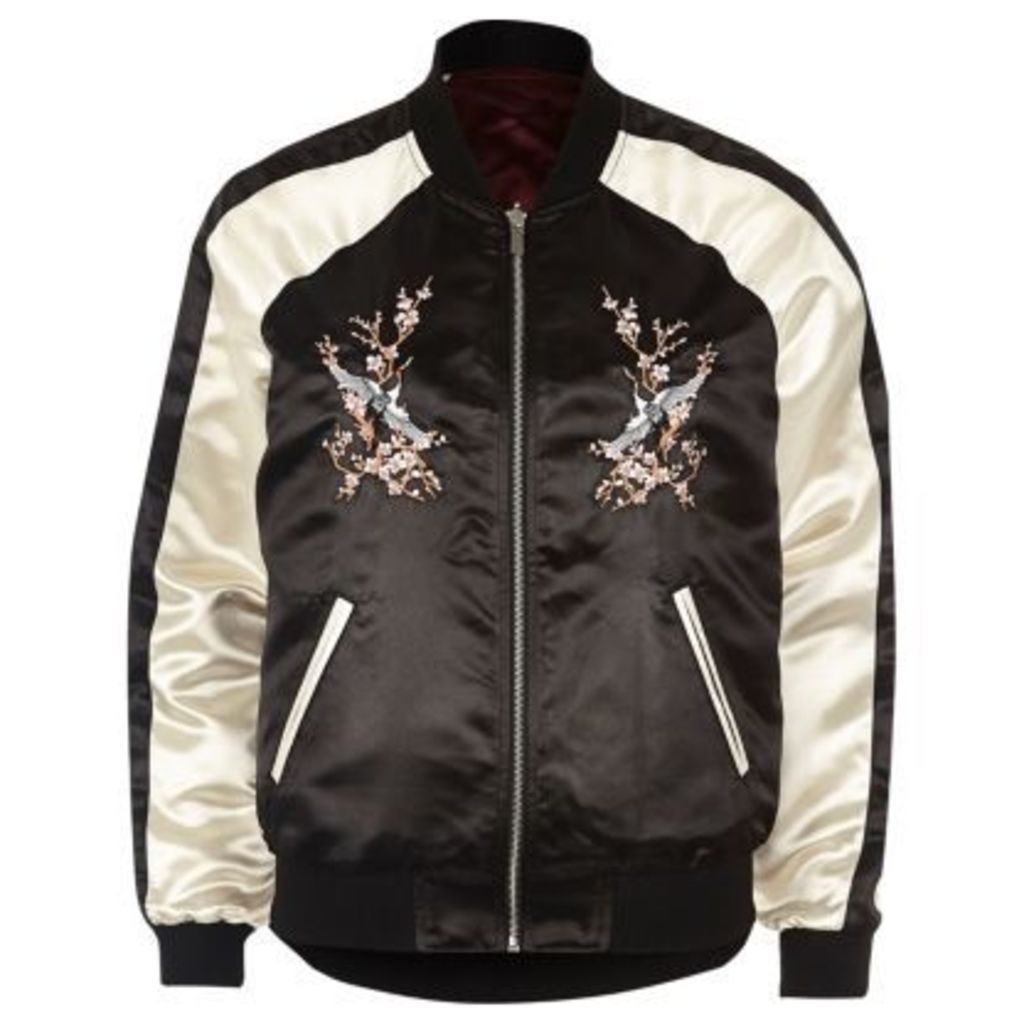 River Island Womens Black satin embroidered reversible bomber