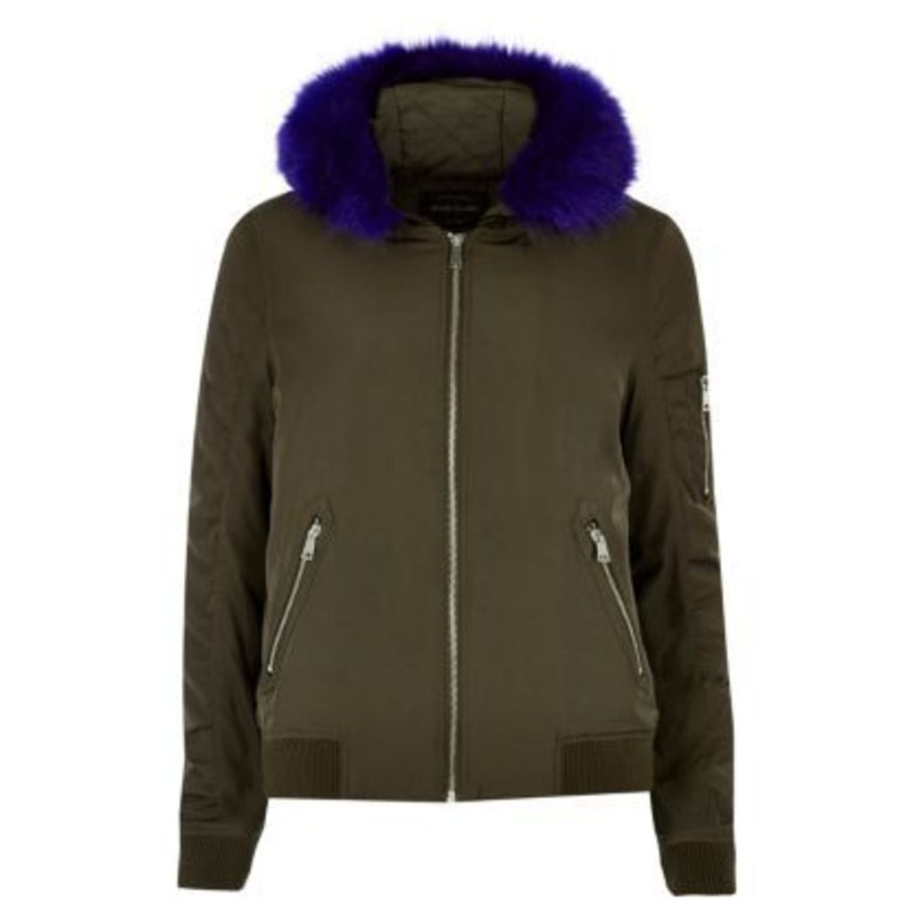 River Island Womens Khaki contrast faux fur hooded bomber jacket