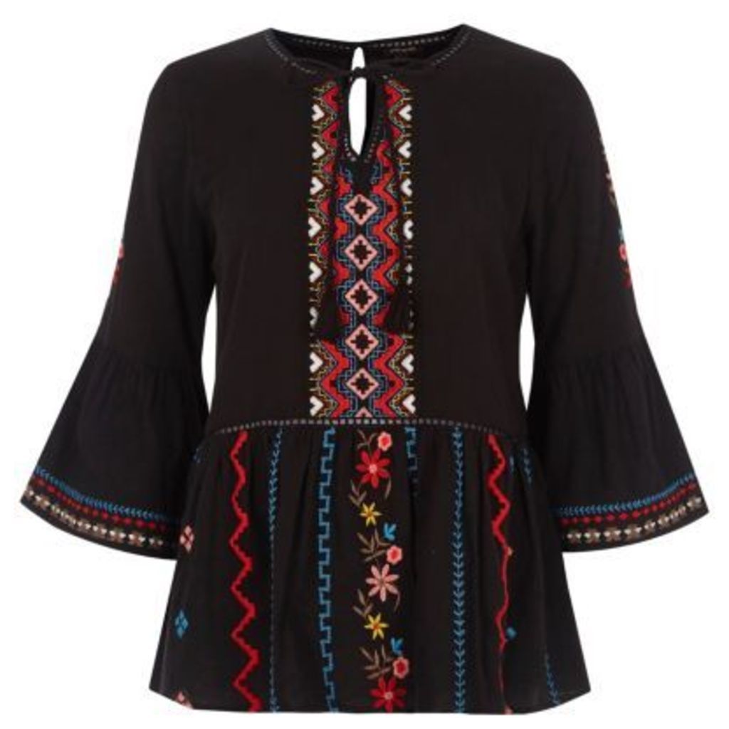 River Island Womens Petite Black embroidered bell sleeve top