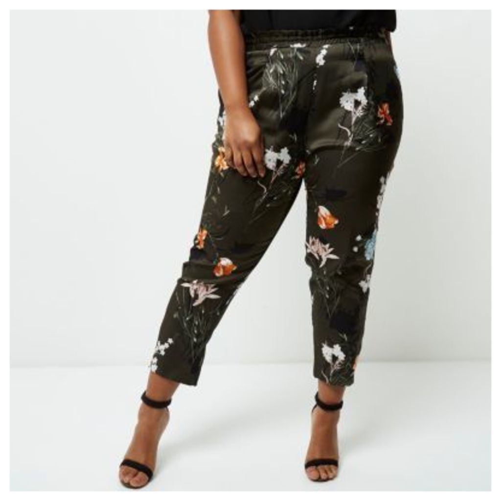 River Island Womens Plus Khaki green floral tapered trousers