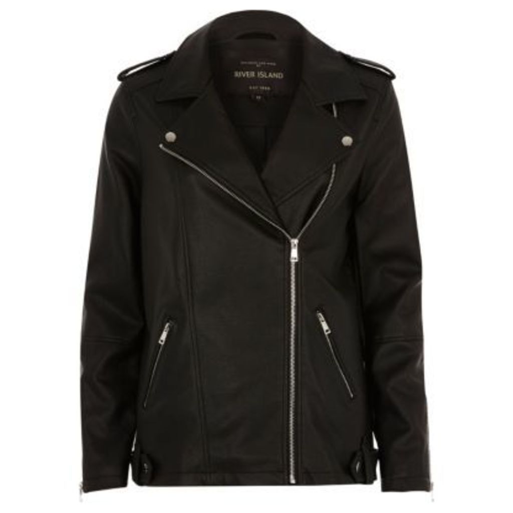 River Island Womens Black faux leather longline biker jacket
