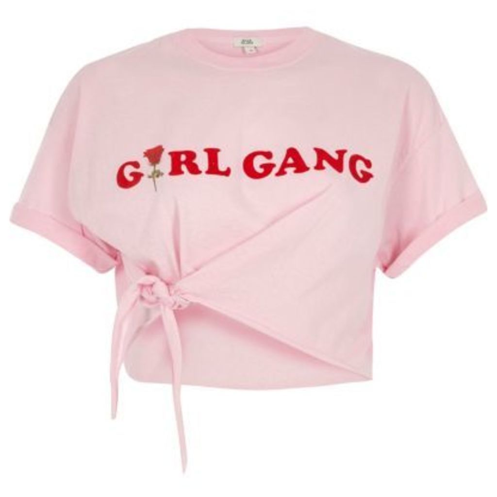 River Island Womens Pink 'girl gang' front knot cropped T-shirt