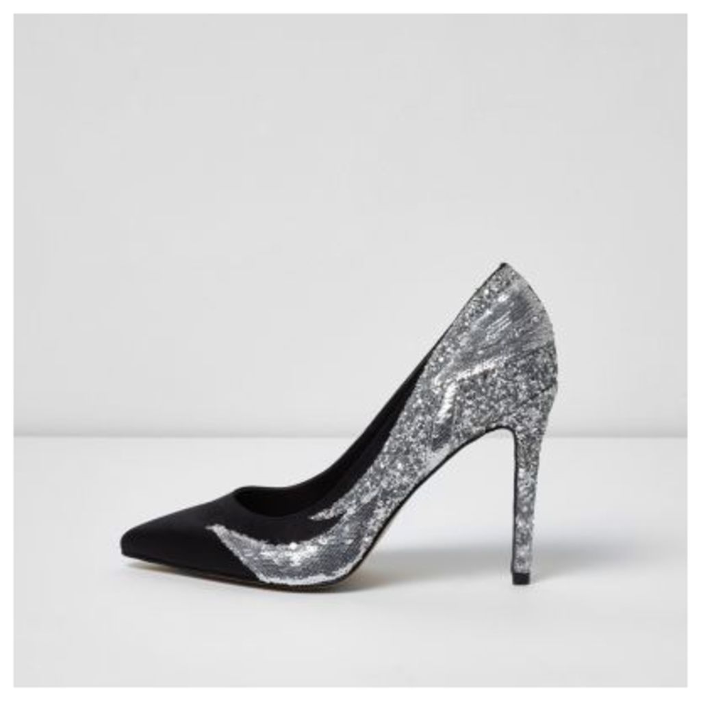 River Island Womens Black sequin and glitter court shoes