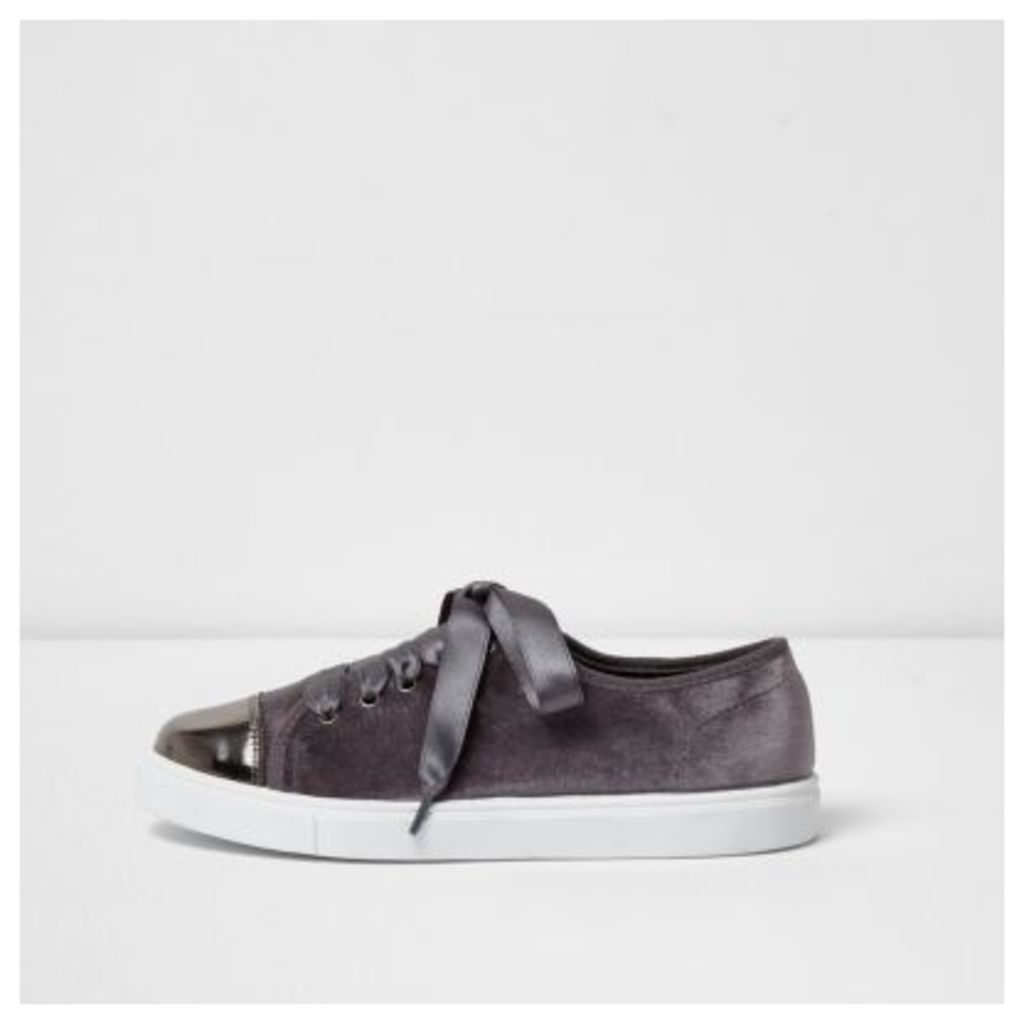 River Island Womens Grey velvet lace-up ribbon trainers