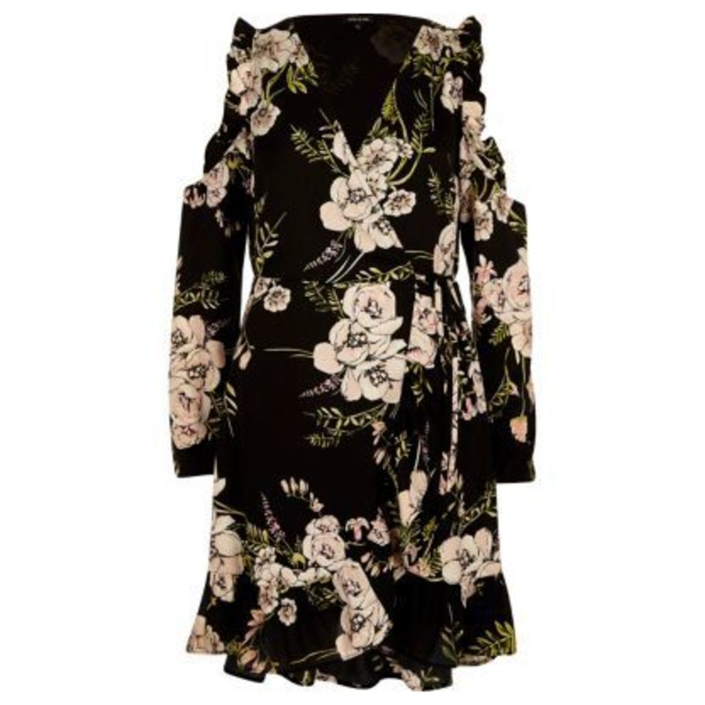 River Island Womens Black floral frill cold shoulder wrap dress