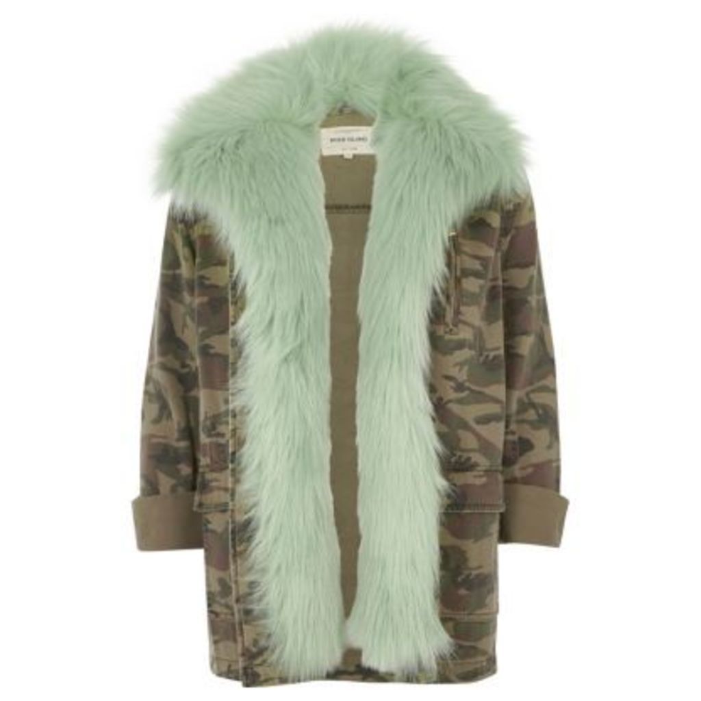 River Island Womens Khaki camo mint faux fur lined army jacket