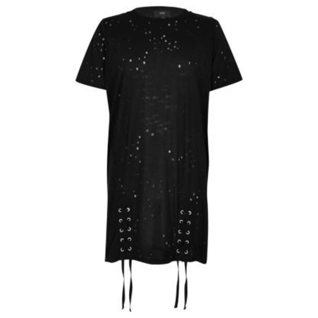 River Island Womens Black distressed lace up oversized T-shirt
