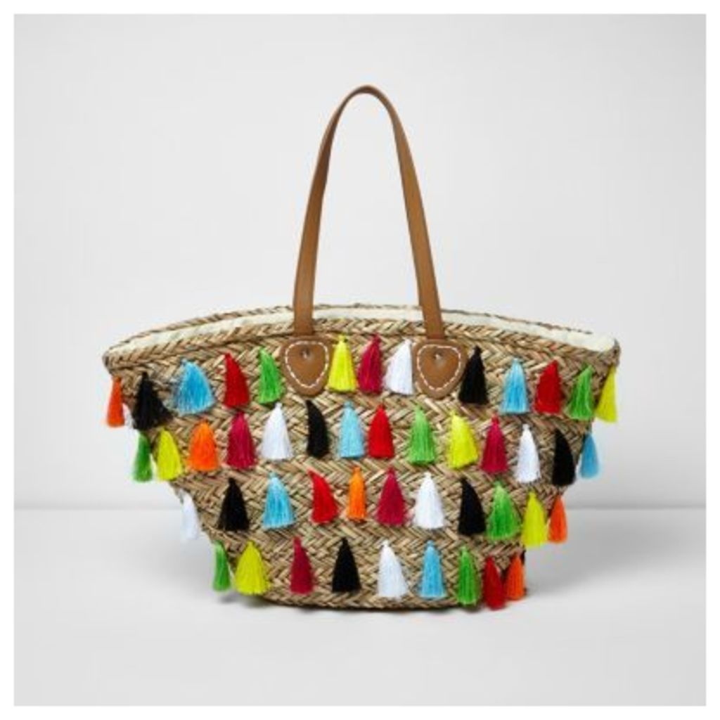 River Island Womens Beige multicolour tassel large beach bag