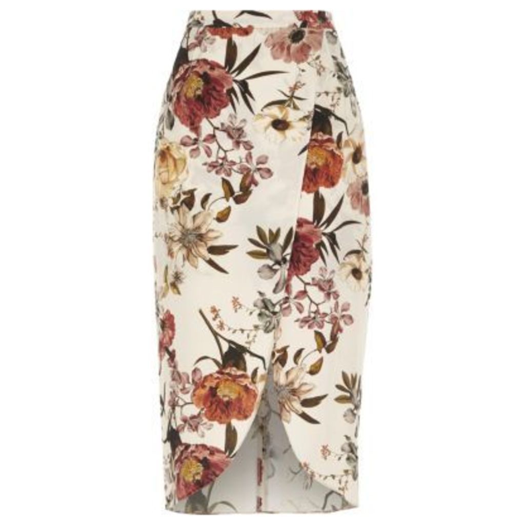 River Island Womens Cream floral print wrap front midi skirt