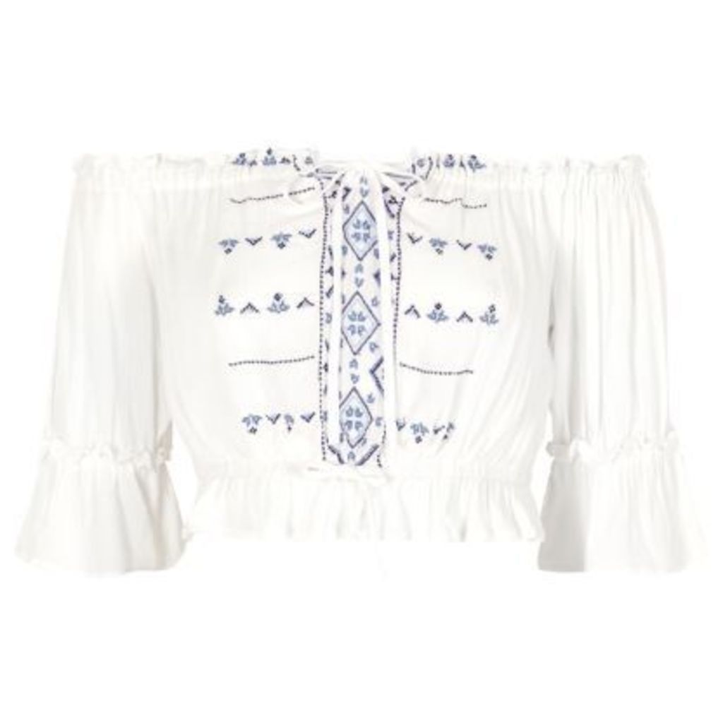 River Island Womens White embroidered bardot top